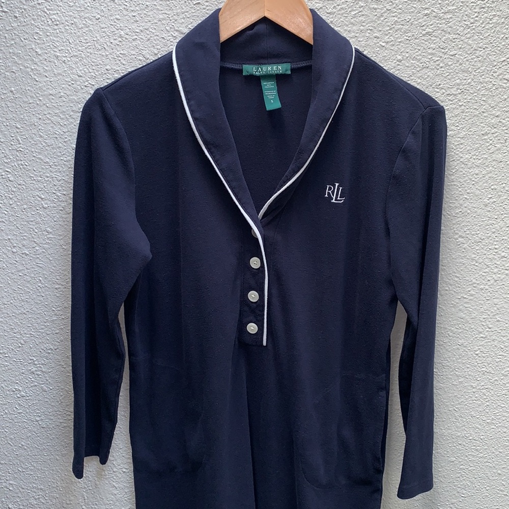 LAUREN Ralph Lauren long-sleeve Pajama dress Sz S Navy white Henley Winter Pjs - Picture 2 of 9